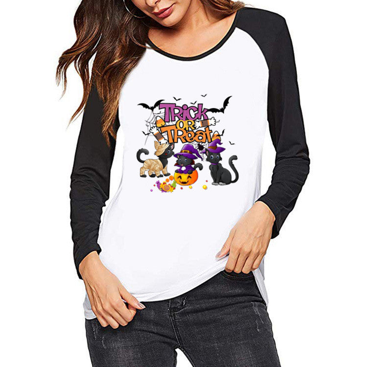 Halloween Costumes Halloween Pattern Printed Raglan Color Contrast Long Sleeve T-shirt Women