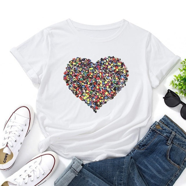 Valentine's Day T Shirts Couples Spring and Summer Women's Clothing T-shirt Short Sleeve Heart Printing Bottoming Shirt