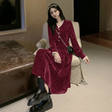 Blue Velvet Dress V-neck Dress French