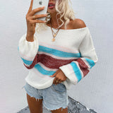 Women's Pullover Knit Sweater Autumn and Winter Clothing Women's Contrast Color Rainbow Striped Sweater