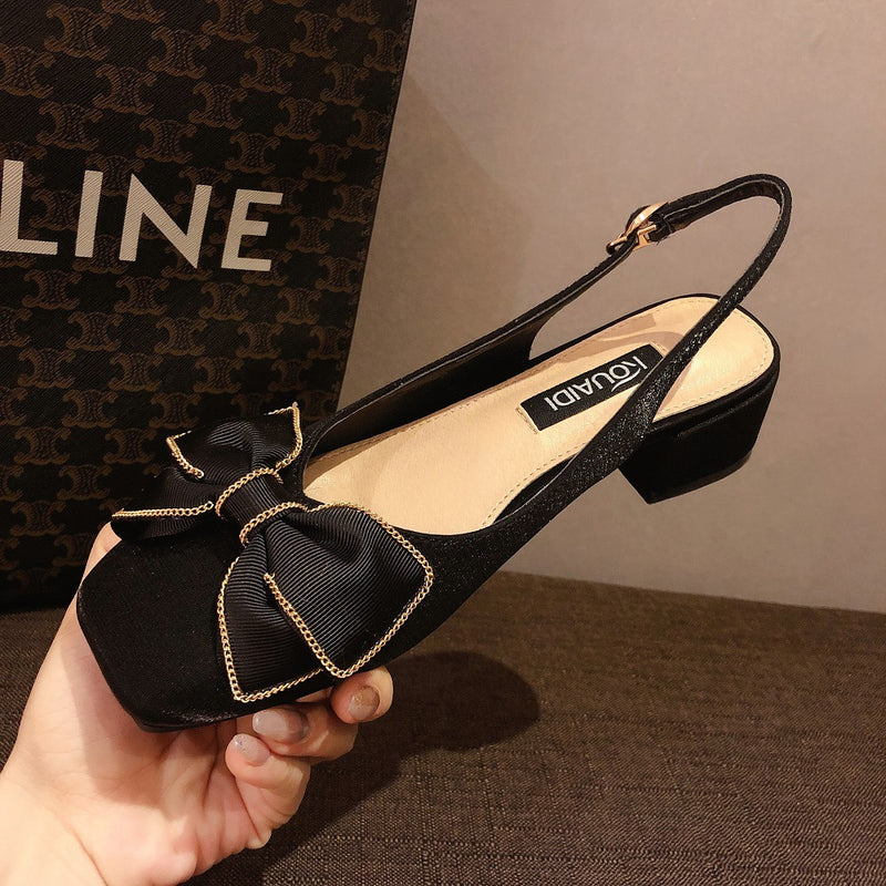 Nude Low Block Heel Chunky Heel Square Toe Bow