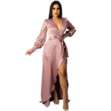Kendall Jenner Wedding Guest Dress Fashion Sexy Solid Color Women's Deep V Tied Long Sleeves Split Bohemian