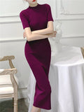 MIDI Mauve Cocktail Dress Retro Slim round Neck Black Knitted Dress Women's Dress