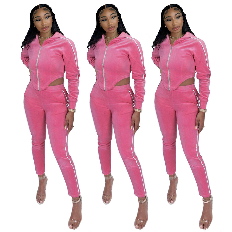 Velour Tracksuit Fashion Sexy Solid Color Slim Velvet Hooded Suits