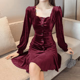 Blue Velvet Dress Square-Neck Cinched Slimming