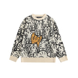Men Sweater Cat Pattern Jacquard Knitwear Men Street Loose round Neck Sweater