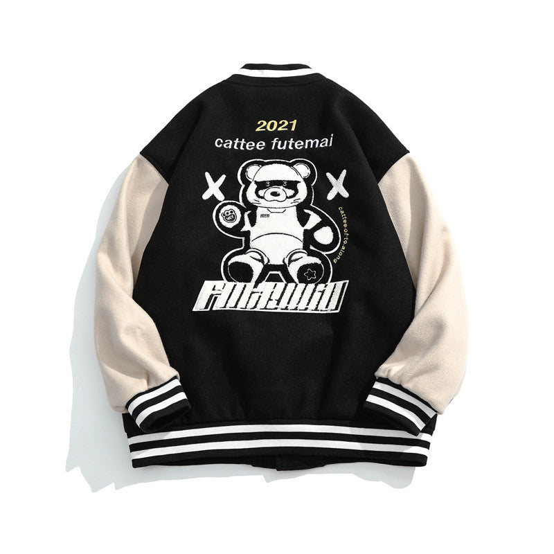 Man Fall Outfis Bear Embroidery Baseball Uniform Jacket Loose Casual Couple Jacket