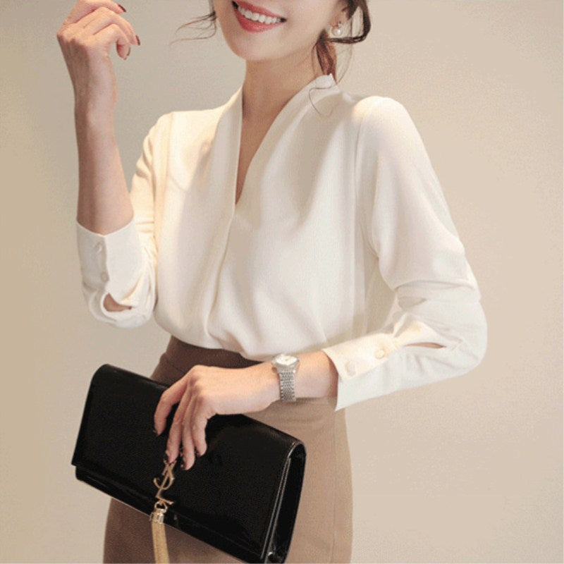 Gloria Vanderbilt Long Sleeve Chiffon V-neck White Shirt