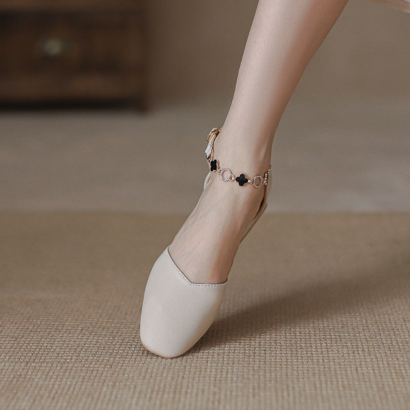 Nude Low Block Heel Word Strap Chunky Heel Shoes