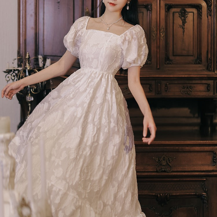 Coachella Music Festival Outfits Summer Women's Dress White Jacquard Square Collar Puff Sleeve