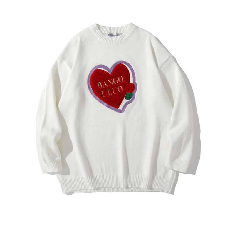 Men Sweater Towel Embroidery Love Sweater Men Street Tide Brand Loose Round Neck Sweater