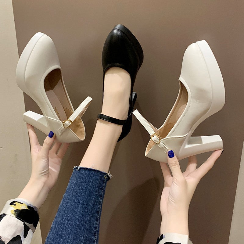 Nude Block Heels Chunky Heel Platform Super High Heel Low-Cut Shoes