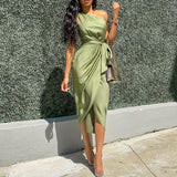 Taffeta Dress Long Dress Slant Shoulder Belt Slim Satin Dress