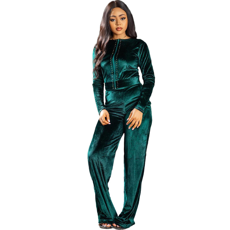 Velour Tracksuit Gold Velvet Long-Sleeve Zipper Trousers Two-Piece Set