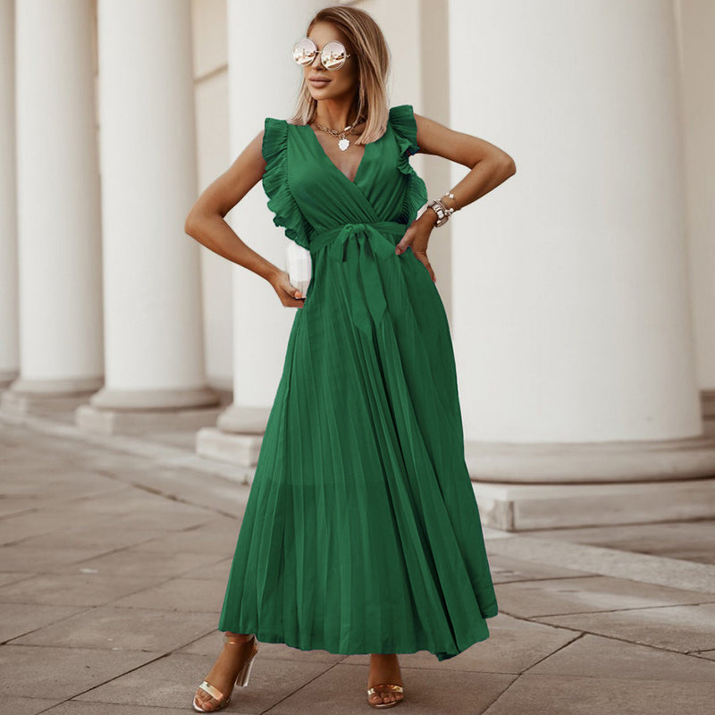 Emerald Green Dress Solid Color Sleeveless Pleated Chiffon