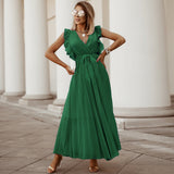 Emerald Green Dress Solid Color Sleeveless Pleated Chiffon