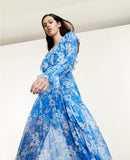 Kendall Jenner Wedding Guest Dress V-neck Blue Hydrangea Printed Fashion Casual Slit Mid-Length Temperament