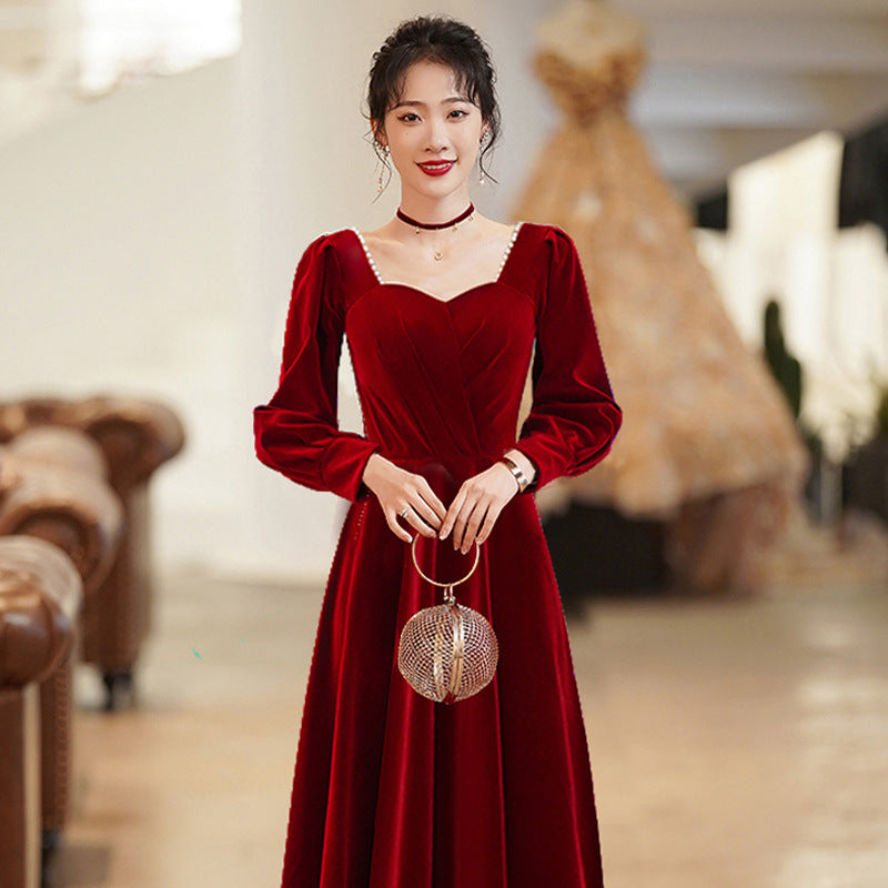 Long Sleeve Burgundy Dress Formal Autumn and Winter Square Collar Long Sleeve Formal Dress