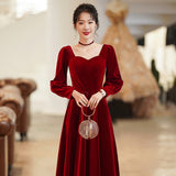 Long Sleeve Burgundy Dress Formal Autumn and Winter Square Collar Long Sleeve Formal Dress