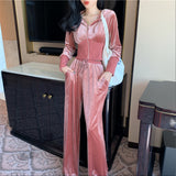 Velour Tracksuit Hooded Short Jacket High Waist Drooping Wide Leg Pants Two-Piece Set
