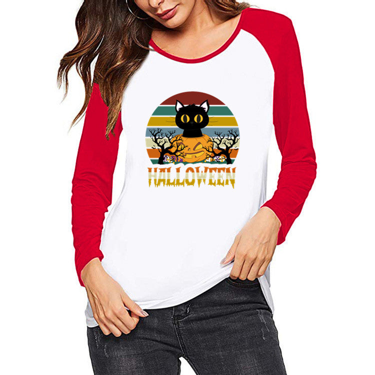 Halloween Costumes Printed Raglan Color Contrast Long Sleeve T-shirt Women's Top
