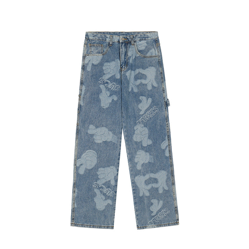 Man Fall Outfits Hip Hop Retro Loose Casual Wide Printed Straight Jeans for Men and Women