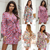 MIDI Mauve Wrap Dress Long Sleeve High Waist V-neck Printed Elegant Dress Women's Short Skirt