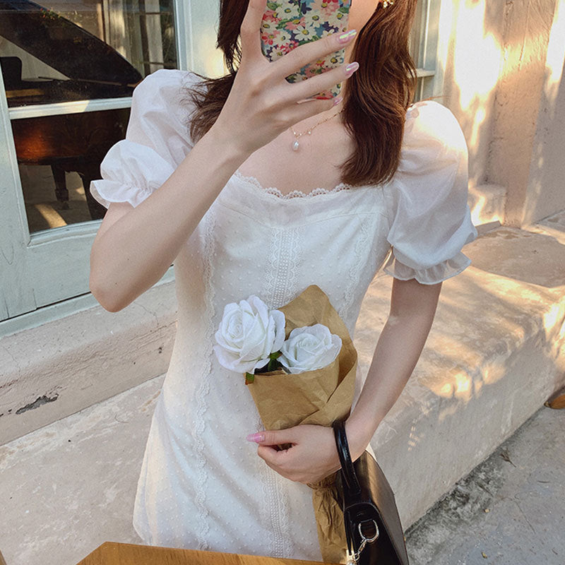 Regency Dress White Puff Sleeve Square Collar Lace