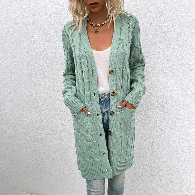 Women Cardigan Knit Sweater Autumn and Winter Long Cable-Knit Sweater Women
