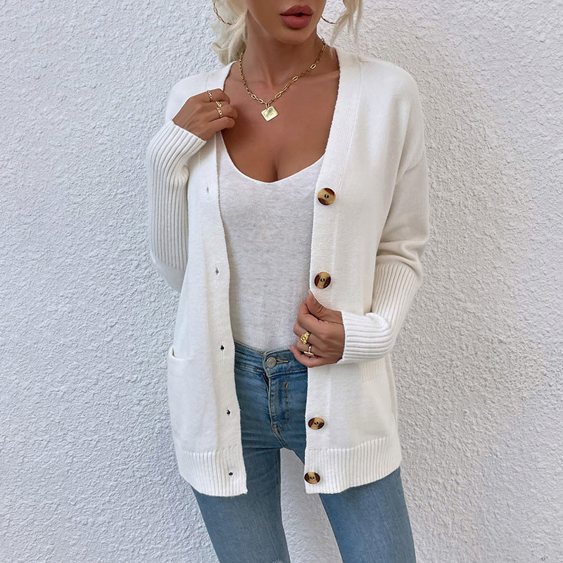 Women's Cardigan Knit Sweater Autumn and Winter Women's Solid Color Buttons Knitted Cardigan Coat
