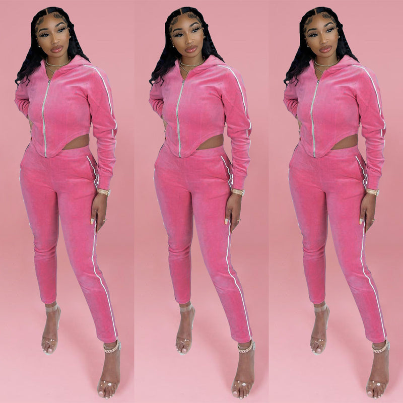 Velour Tracksuit Fashion Sexy Solid Color Slim Velvet Hooded Suits