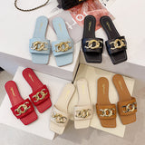 Finn Chain Pointed Toe Mule Summer Flat Metal Buckle Retro Square Toe Sandals for Women