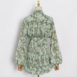 Coachella Music Festival Outfits Chiffon Skirt Single Row Buckle Pleated Patchwork Puff Sleeve Sheath