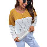 Women Pullover Knit Sweater Autumn Hollow Sweater Striped Color Matching Sweater for Women