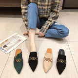 Finn Chain Pointed Toe Mule Shoes Women's Metal Buckle Thick Heel Toe Box Half Slippers Outdoor Mules