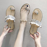 Women Open Toe Sandals Flats Pineapple Summer Pearl Rivets Flat Toe Ring Slippers
