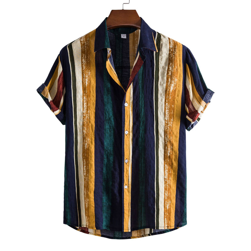 Camp Collar Shirt Striped Shirt Printed Short Sleeve