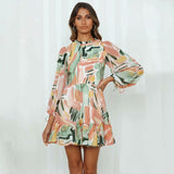 Coachella Music Festival Outfits Spring and Summer Chiffon Printed Short Skirt Dress Puff Sleeve
