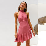 Kendall Jenner Wedding Guest Dress   Party Skirt Sleeveless Halter Neck Lace Halter Ruffle