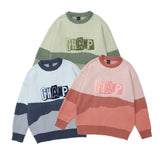 Men Sweater Embroidery Letter Color Matching Knitwear Men Street Tide Brand Loose round Neck Sweater