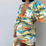 MIDI Mauve Cocktail Dress Autumn Puff Sleeve V-neck Elegant Slim Print Dress