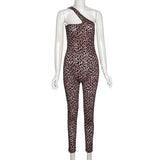 Summer Women's Sexy Mesh Flocking Leopard Print One-Shoulder High Waist Tight Sports Jumpsuit