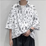 Men Shirts Short Sleeve Loose Style Abstract Pattern Flower Shirt