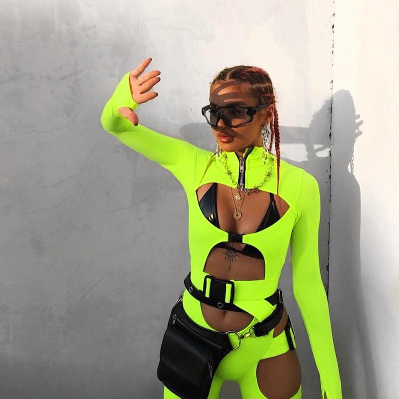 Fall Women's Clothing Sexy Cutout Sheath Tight Fluorescent Color Long Sleeve Sports One-Piece Shorts