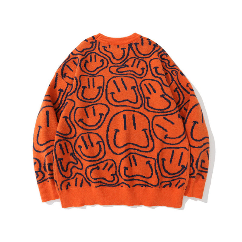 Men Sweater Smiling Face Jacquard Knitted Sweater Men's Pullover Long Sleeve