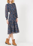Kendall Jenner Wedding Guest Dress Temperament Law Retro Flower Print Blue with Long Sleeves Cinched Tie Slim-Fit