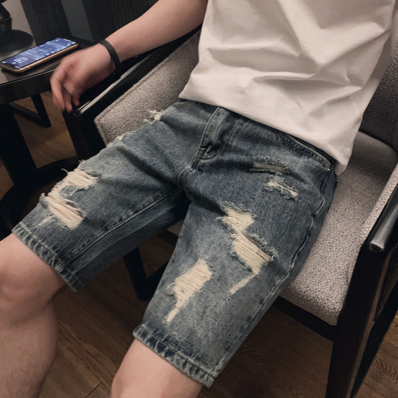 Men Denim Shorts Men's Jeans Shorts Straight Loose Korean Ripped