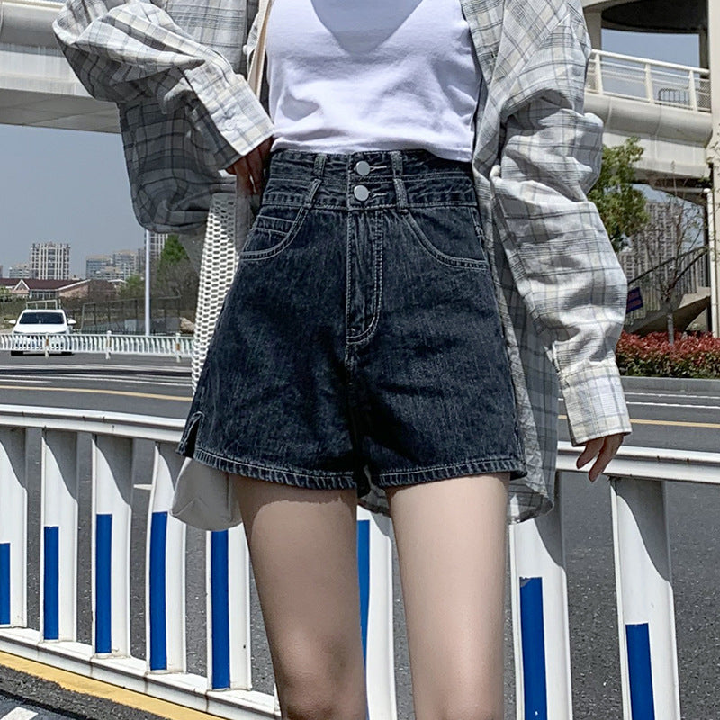 High Waisted Shorts Summer Denim Shorts Double Buckle Straight-Leg Pants