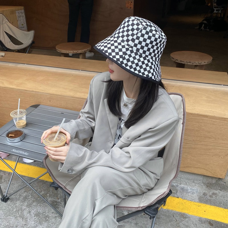Women Bucket Hat Double-Sided Fisherman Checkerboard Black Sun-Proof