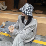 Women Bucket Hat Double-Sided Fisherman Checkerboard Black Sun-Proof